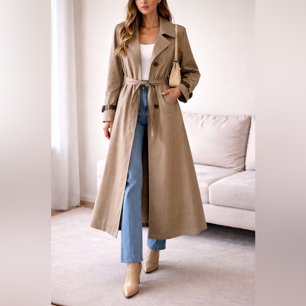 Vintage Etienne Aigner Trench Coat Tan Belted Leather Trim Size 12 Classic